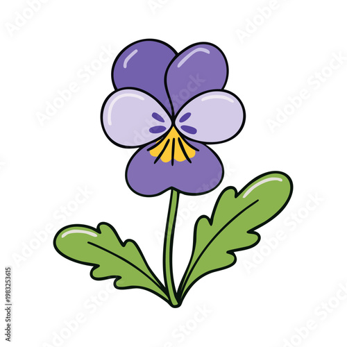 Cartoon illustration of a purple and yellow pansy flower with green leaves and stem on white background