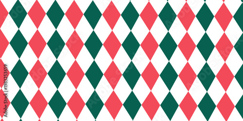 Christmas rhombus seamless pattern. Red and green xmas plaid texture with gold line. Argyle geometric diamond pattern. Christmas abstract wrapping bg. Vector illustration isolated on white background.