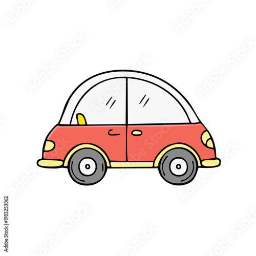 Cute cartoon car illustration in red and white with black outlines and grey wheels