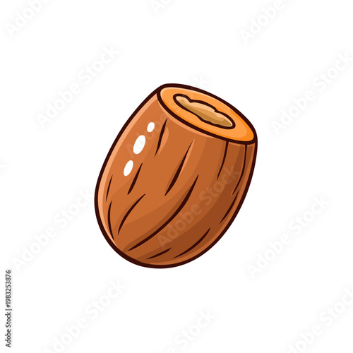 Cartoon illustration of a whole coconut cut in half revealing the inside and flesh
