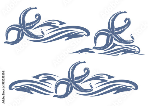sea star fish and water wave splash - tropical underwater life blue and white vector outline border design set