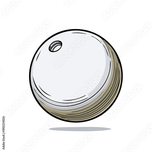 A single white bowling ball with three finger holes casting a subtle shadow