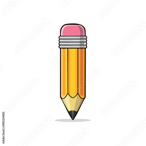 Simple yellow wooden pencil with pink eraser and sharpened graphite tip illustration