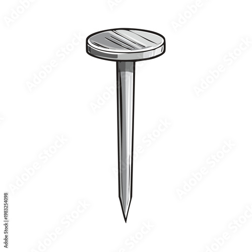Sharp Metal Nail with Flat Round Head Isolated on White Background for Construction and Repair
