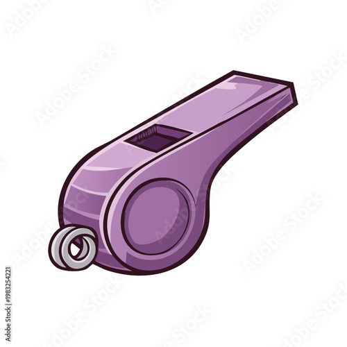 A simple purple plastic sports whistle with a metal ring for a lanyard or keychain