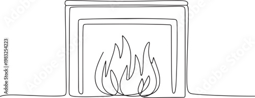 A minimalist line art illustration of a fireplace with a cozy flame burning brightly, perfect for home decor and seasonal themes