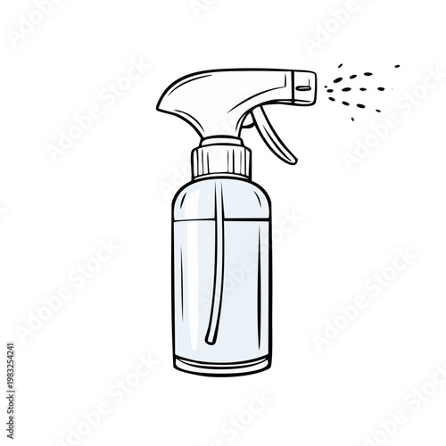Hand drawn illustration of a clear plastic spray bottle dispensing a fine mist of liquid