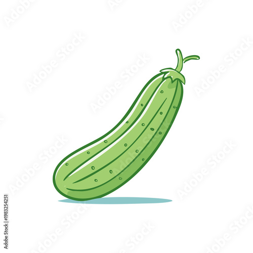 Green Cartoon Cucumber with Stem and Leaf Isolated on White Background