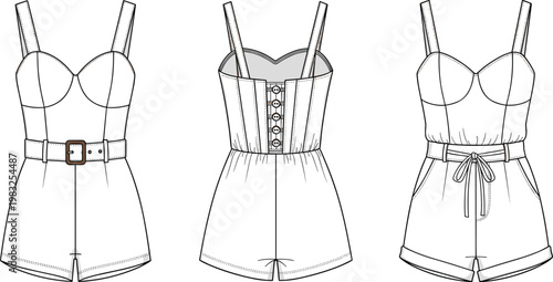 Technical Fashion Flat Sketch of Women's Sleeveless Belted Romper with Sweetheart Neckline and Button Back Detail Vector Template Illustration