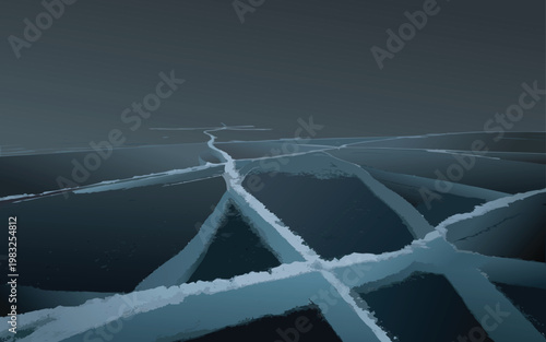 Cracked Ice Landscape: A captivating view of a frozen expanse, where the ice surface is etched with a network of cracks, revealing the raw power and beauty of the arctic environment.