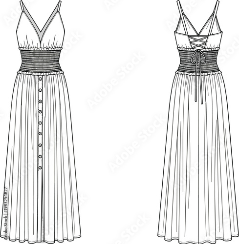 Technical Fashion Flat Sketch of Women's Smocked Waist Maxi Dress with Spaghetti Straps and Button Front Vector Template Illustration