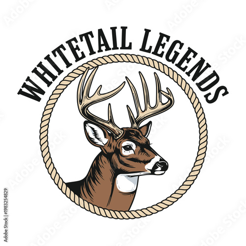 Whitetail deer logo with rope circle and antlers on white background tshirt design