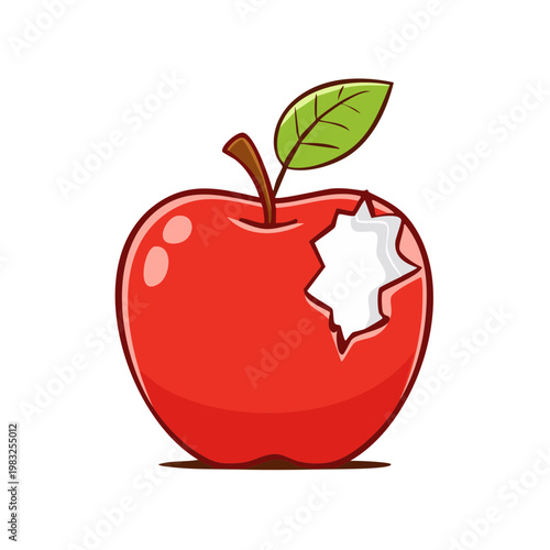 Bright red apple with a crisp bite taken out showcasing its juicy white flesh and a fresh green leaf
