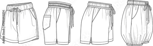 Technical fashion flat sketch set of casual lounge shorts with elastic waist, drawstring, and pockets, vector line art illustration on white background.