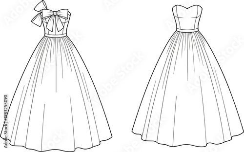 Technical fashion flat sketches of floor-length dresses with fitted bodices, pleated skirts, one-shoulder bow detail and strapless sweetheart neckline
