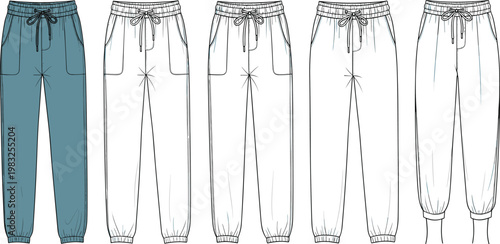 Technical fashion illustration of jogger pants with elastic waistband, drawstring closure, side pockets, and cuff variations in multiple design styles