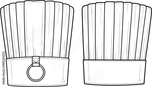 Technical fashion illustration of traditional chef’s hat toque blanche with pleated design, wide band and professional culinary uniform details