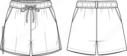 Technical fashion illustration of shorts front and back views with elastic waistband, drawstring closure, side pockets, and detailed stitching
