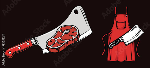 Butcher apron and meat cleaver with raw steak for cooking preparation tshirt design