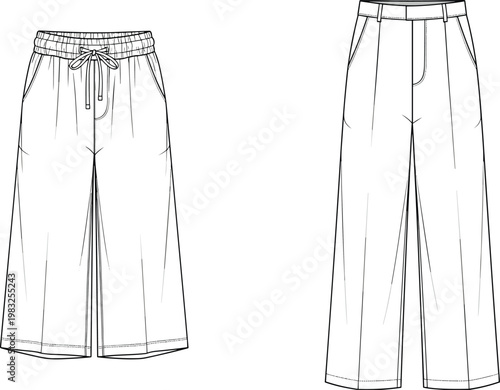 Technical fashion illustration of wide‑leg drawstring pants and tailored trousers with waistband, pleats, zipper fly, and detailed stitching lines