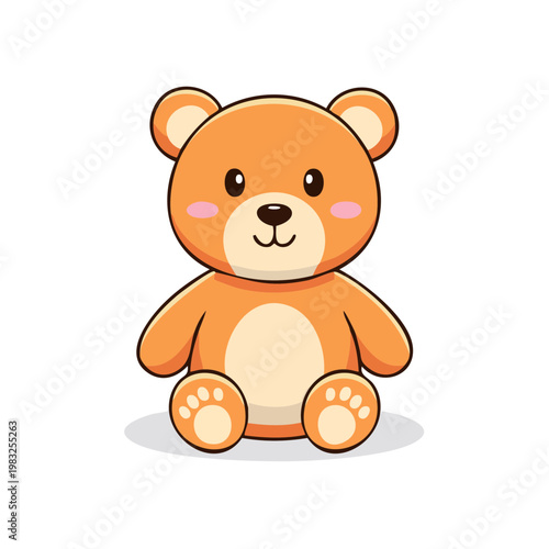 Adorable cartoon teddy bear sitting, smiling, with rounded ears and paws, perfect for children's themes