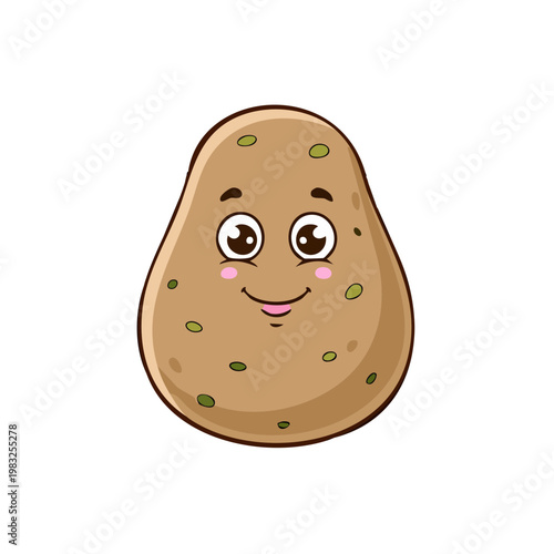 Happy cartoon potato character smiling with big eyes and rosy cheeks