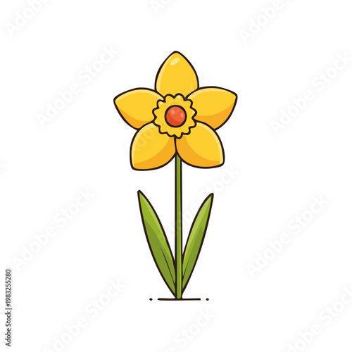 Vibrant Yellow Daffodil Flower Illustration with Green Leaves and Red Center