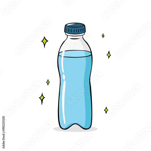 Clear plastic water bottle filled with blue liquid and sparkling highlights symbolizing refreshment and purity