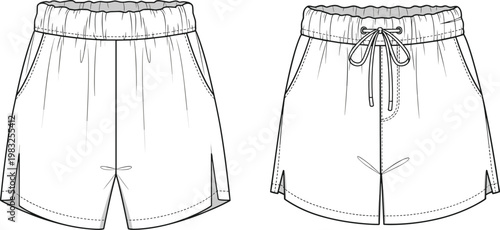 Technical fashion illustration of women’s shorts front views with elastic waistband, drawstring tie, side pockets, and hem slit variations