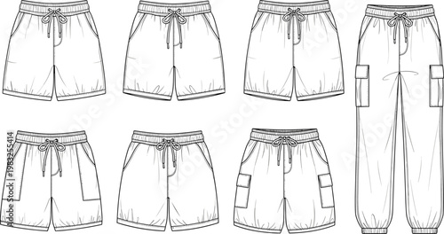 Technical fashion illustration of women’s shorts front and back views with elastic waistband, drawstring tie, side pockets, and ruched hem