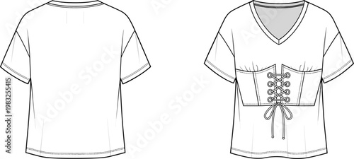 Technical fashion illustration of women’s short‑sleeve top front and back views with V‑neckline, corset lace‑up detail, and bow tie
