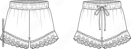 Technical fashion illustration of women’s shorts with elastic waistband, ruffled lace hems, and drawstring variation showing detailed stitching and design