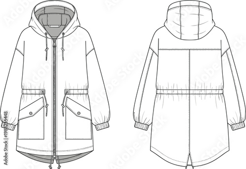 Technical fashion sketches of men’s shorts and cargo pants with elastic waistbands, drawstrings, pockets, stitching details, and casual design variations