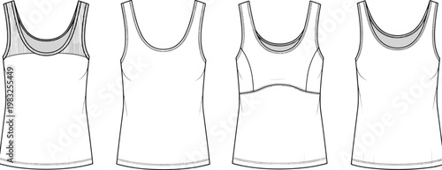 Technical fashion illustration set of women’s tank tops with scoop necklines, mesh details, layered designs, and garment construction variations