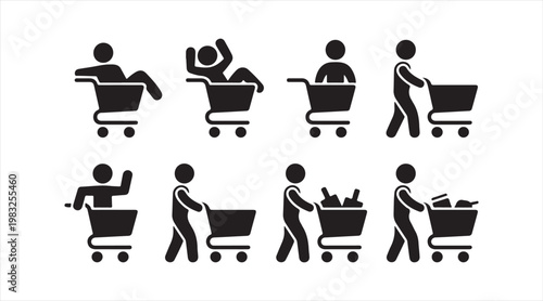 Collection of shopper silhouettes with trolleys illustrating buying behavior