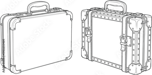 Technical illustration of travel suitcases with minimalist smooth design and vintage industrial style featuring riveted edges and buckle straps