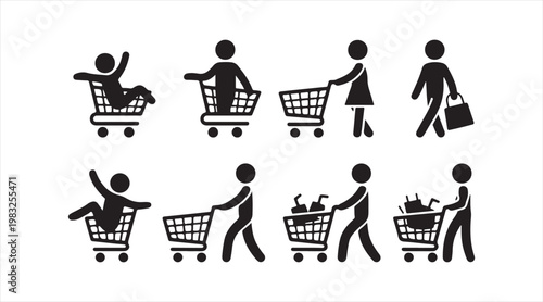 Shopping cart people icons showing supermarket and retail customer activities