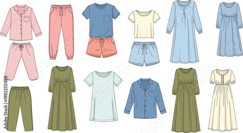 Vector illustration collection of women's sleepwear and loungewear including pajama sets, nightgowns, shorts, pants, and t-shirts in pastel colors.