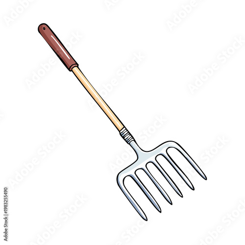 Illustrative drawing of a garden pitchfork with a wooden handle used for farming and landscaping tasks