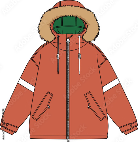 Vector illustration of a rust colored winter parka jacket with fur lined hood, zipper front, sleeve stripes and zip pockets isolated on white.