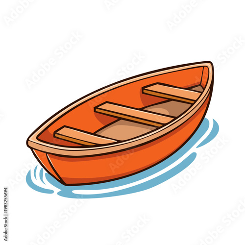 Hand-drawn cartoon illustration of a simple orange rowboat floating on blue water with ripples.