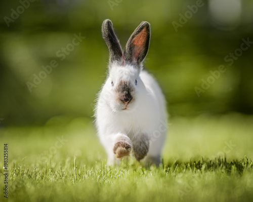Cute White Rabbit Running on Green Grass, Ears Up, Happy Energy, Spring Nature