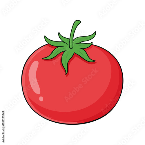 Vibrant red ripe tomato with green stem and leaves cartoon illustration