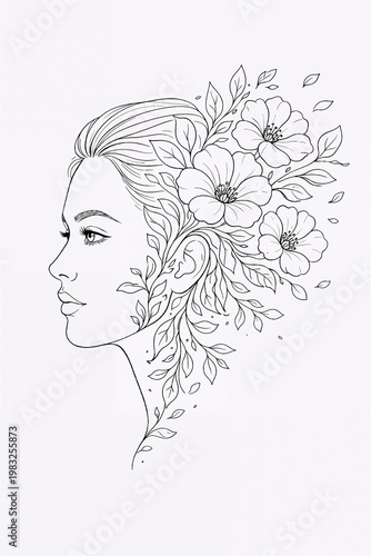 Outline illustration of a female profile transforming into large flowers and leaves. Clean line art with airy composition, designed for coloring pages, design projects and creative use.