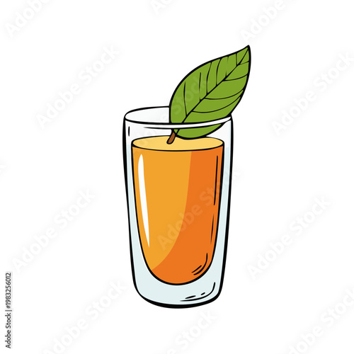 Refreshing Orange Juice in a Tall Glass with a Green Leaf Garnish