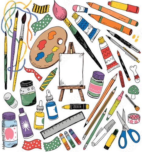 Artistic Essentials: An overhead view showcases a vibrant collection of artistic tools, inviting creativity and self-expression.