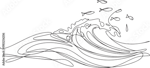 A simple black and white line drawing illustration of a breaking ocean wave with a school of small fish swimming above it, depicting a serene aquatic scene
