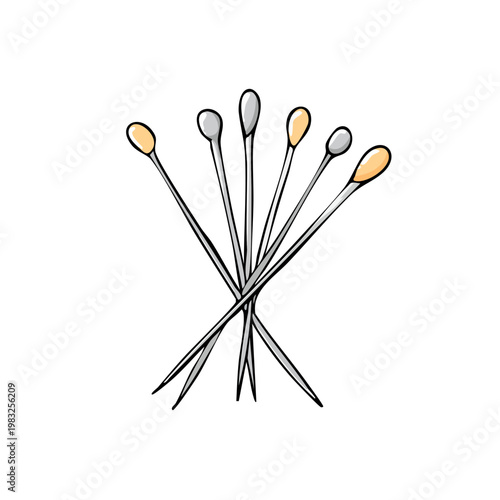 Sewing pins and needles arranged artistically with pointed metal shafts and round heads for craft projects