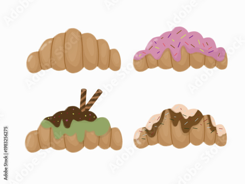 A digital illustration set featuring four delicious croissant variations in a modern, aesthetic, cartoon art style