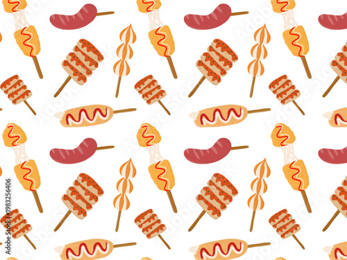 A delightful and appetizing seamless pattern featuring various popular Korean street food snacks.